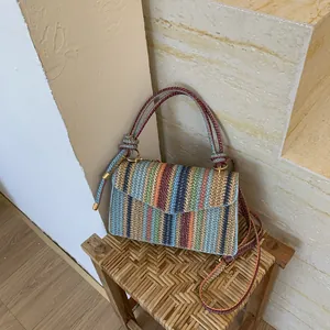 Multi-color striped woven handbag with gold hardware for women, summer holiday style