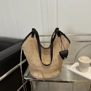 Moda Mujer Gran Capacidad Bolso Tote Tejido de Paja Con Correa de Cuero PU Casual Hueco Verano Playa Bolso de Hombro Viaje Vacaciones Mano