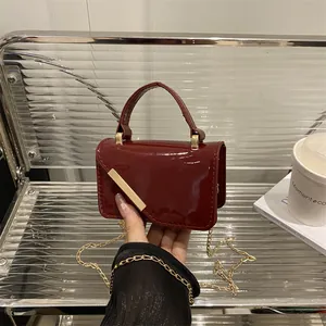 Women Mini Glossy PU Leather Crossbody Bag Gold Chain Metal Decoration Small Square Shoulder Bag Urban Simple Party Handbag