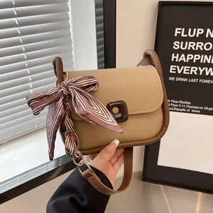 Women Minimalist PU Leather Small Square Shoulder Bag With Satin Scarf Decor Trendy Flap Crossbody Underarm Bag