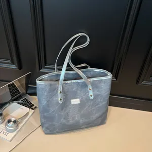 Large dark grey marble texture tote bag with silver leather trim and metal rivets