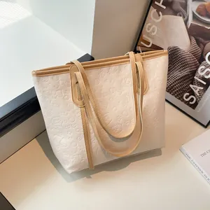 Sac Cabas Mode pour Femmes Grande Capacité Blanc Crème en Cuir PU Gaufré Dessin Animé Sac à Épaule Couleur Contrastée Sac à Main de Navettage