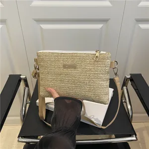 Minimalist beige woven straw shoulder bag with elegant gold plaque and slim strap