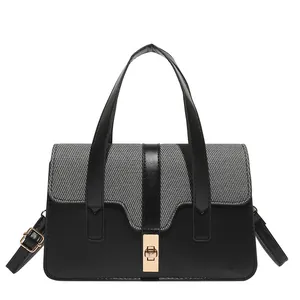 Chic two-tone contrast tote bag with gold metal buckle and detachable crossbody strap