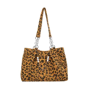 Leopard print corduroy tote bag with silver chain straps and pearl charm for women
