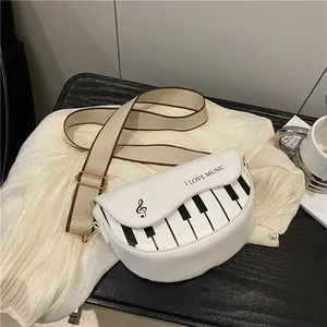 Sac bandoulière rétro blanc à motif piano avec large bandoulière en tissu pour femme