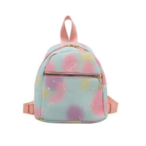 Tie-dye mini backpack for women with pink gradients, heart prints and dual zippers