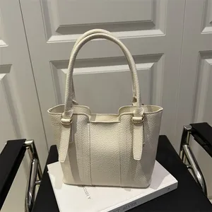 Women's Vintage Litchi Grain PU Leather Bucket Bag Minimalist Tote Shoulder Handbag With Gold Hardware Adjustable Strap