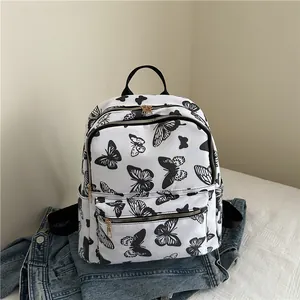 Women's Fashion Nylon Backpack Large Capacity School Bag With Butterfly Cherry Floral Print Casual Travel Daypack For Ladies