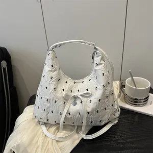 Women Pleated Bow Underarm Bag Sweet Heart Pendant Shoulder Tote Bag 2025 Summer Fashion Commuter Handbag White Pink