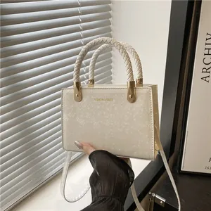 Retro cream square tote bag with snakeskin texture and braided handles for women