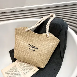 Large capacity summer straw tote bag with braided patterns and white cotton rope handles