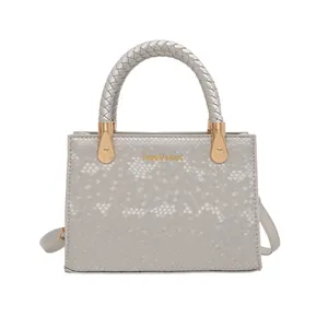 Retro faux snake skin crossbody square bag with woven handle and gold hardware