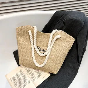 Large capacity woven straw tote bag with rope handles and Fashion embroidery detail