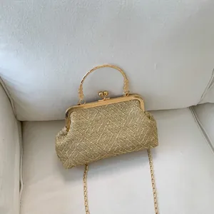 Vintage Woven Clutch Bag For Women Elegant Banquet Evening Bag With Metal Ring Handle Chain Shoulder Bag Kisslock Purse