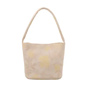 Sac cabas élégant de style chinois en jacquard floral avec bandoulière couleur crème