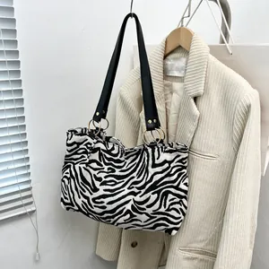 Women Leopard Zebra Print Tote Bag Large Capacity Canvas Shoulder Bag Gold Metal Rings Magnetic Buckle Casual Handbag