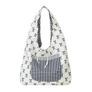 Minimalist large floral tote bag with bow pattern and checkered lace pocket details