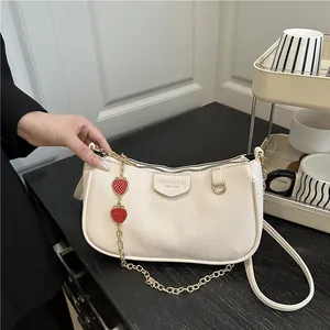 Women Baguette Bag Litchi Grain PU Leather Gold Chain Strawberry Charms Underarm Crossbody Shoulder Handbag Fashion Small