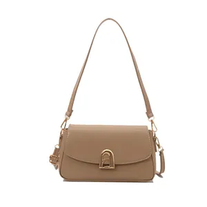 Minimalist khaki PU leather crossbody bag with elegant gold buckle and dual straps