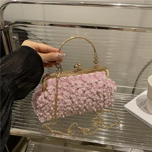 Borsa da Sera Clutch con Künstliche Perle da Donna Elegante Pizzo Floreale Matrimonio Festa Borsetta Con Catena Oro E Manico