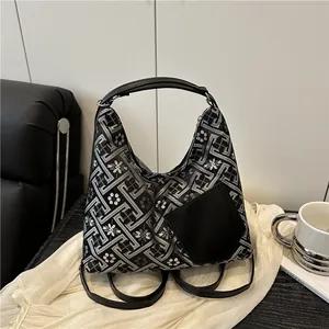 New Chinese Style Jacquard Underarm Bag For Women Vintage Geometric Flower Hobo Shoulder Bag PU Leather Patchwork Handbag