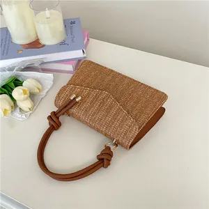Sac bandoulière tissé marron chic avec poignée en cuir torsadé pour le style通勤 femme