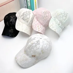 Lace floral baseball caps for women with metal letter tags in five pastel summer colors