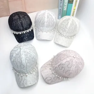 Lace sequin baseball caps with pearl rhinestone chains in five different colors
