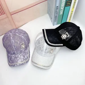 Casquette de Baseball en Dentelle de Luxe pour Femmes Avec Décoration Ours en Strass et Coeur en Künstliche Perle Respirant Chapeau de Soleil Réglable