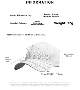 Detailed chart showing white baseball cap size and materials with rhinestone stars