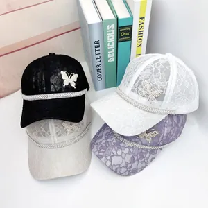 Women Fashion Lace Baseball Cap Breathable Sun Protection Rhinestone Butterfly Adjustable Mesh Hat Hollow Floral Cap For Summer