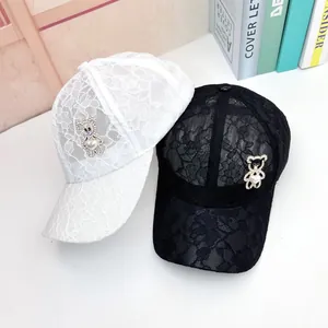 Casquette de Baseball en Dentelle d'Été Femmes Ours en Strass Künstliche Perle Respirante Chapeau de Soleil Réglable Mode Accessoires Plage