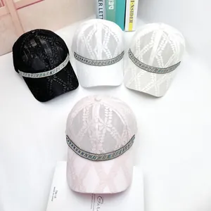 Lace sun visor baseball caps for women with sparkling rhinestones in black white and pink