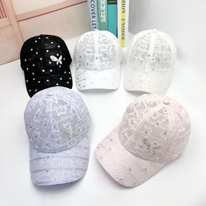 Lace breathable baseball caps with rhinestones and butterfly metal accent for women