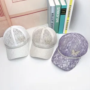 Lace mesh baseball caps for women with rhinestone butterfly detail in three colors