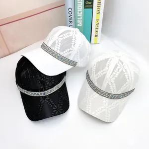 Women's Fashion Lace Floral Baseball Cap Breathable Mesh Sun Hat With Rhinestone Band Korean Style Outdoor Adjustable Peak Cap