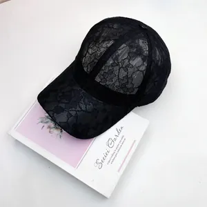 Women's summer black lace baseball cap featuring breathable floral mesh and stylish sun visor