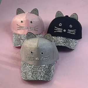 Cappellino da Baseball con Orecchie da Gatto per Donna Bambini Cappello con Visiera e Strass in Cotone Parasole Estivo Moda Viaggio