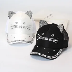 Women Girls Cute Rhinestone Cat Ears Baseball Cap Mesh Breathable Sun Hat Adjustable Summer Trucker Hat Pink White Black