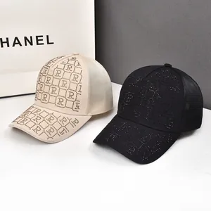 Fashionable mesh baseball cap with rhinestone R letter pattern in beige and black colors