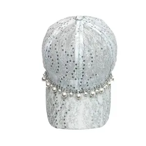 Elegant women baseball cap with silver lace flowers, shiny sequins and pearl chain