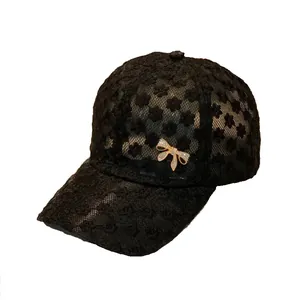Women's black floral lace baseball cap with a rhinestone bow for summer sun protection