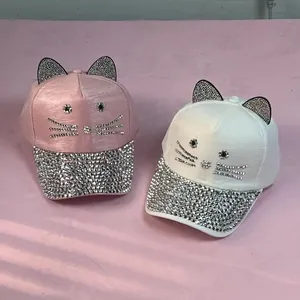 Simpatici cappellini da baseball con orecchie da gatto 3D e strass argentati luccicanti