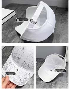 Detail of star-shaped rhinestones and adjustable metal buckle on white baseball cap