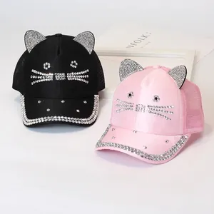 Breathable cat ear baseball cap with rhinestones in black and pink for women