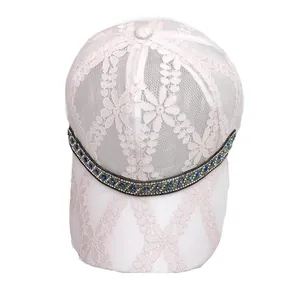 Pale pink lace sun hat with rhinestone band and floral mesh for women's summer style