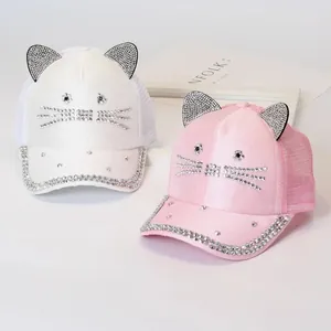 Pink and white cat ear baseball caps with rhinestones and breathable mesh panels