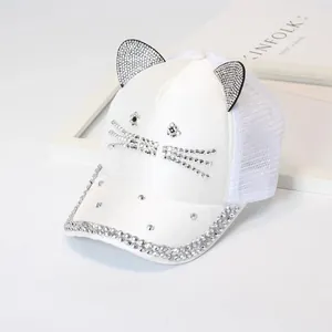 White baseball cap with rhinestone cat ears and breathable mesh back for women