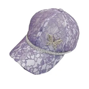 Light purple lace baseball cap featuring sparkly rhinestone butterfly and crystal trim